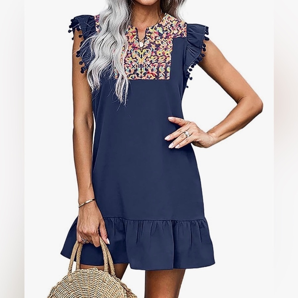 Women’s Embroidered Mini Dress with Pom Pom Cap Sleeves. Size M